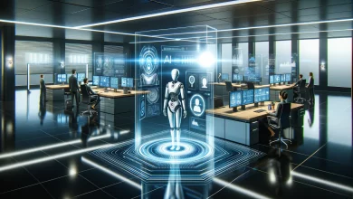 High-quality image of a professional office environment showcasing AI chatbots transforming business interactions with advanced technology and holographic interfaces.