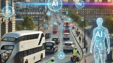 A futuristic cityscape depicting AI-driven public services in the UK. The image features self-driving public transport, AI-powered surveillance cameras, holographic digital assistants helping pedestrians, and robotic maintenance workers repairing potholes. A sleek, high-tech government building with glowing AI data streams stands in the skyline, symbolizing the integration of AI into governance. The scene balances innovation with a hint of unease, reflecting both the potential and risks of AI in public administration.