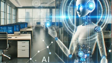 Futuristic illustration of an AI agent as a glowing holographic assistant interacting with digital data streams in a sleek corporate office setting, featuring high-tech visuals like floating charts, interconnected nodes, and holographic displays in blue and silver tones.