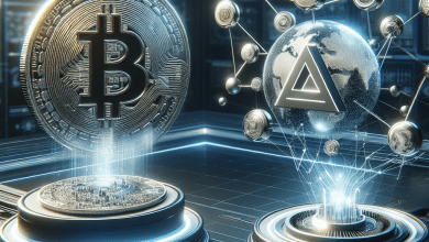 A futuristic digital representation of AI and blockchain integration, featuring interconnected nodes and neural network visuals.