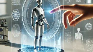 Human figure interacting with a futuristic AI system in a transparent and modern setting, symbolizing ethics and accountability in AI development.