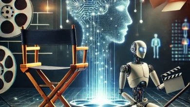 A digital artwork depicting the role of AI in filmmaking, with a director’s chair, digital code, and a camera beside an AI bot on a futuristic movie set.