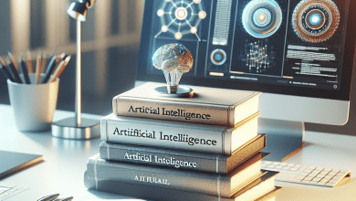 A sleek, modern desk with a small stack of books on one side and an open book lying flat, facing the viewer. Subtle futuristic elements include a glowing holographic AI brain projection and integrated circuits on the desk, set against a gradient blue and white background.