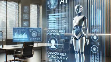 A futuristic AI interface displayed on a transparent screen in a sleek, professional workspace. The interface highlights customizable personality settings, with glowing, interactive elements. The scene is well-lit with a refined, modern aesthetic, emphasizing innovation and technological advancement.