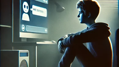 A contemplative illustration of a teenage boy sitting alone in a dimly lit room, gazing at a computer screen displaying a chatbot interface. The setting captures the emotional weight of technology's influence, with soft light from the screen illuminating the otherwise sparse room