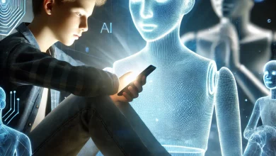 A digital illustration of a teenager using a smartphone, illuminated by its glow, while interacting with an AI chatbot in a dimly lit room. Abstract holographic figures in the background symbolize AI, blending human-like features with artificial elements, capturing the emotional connection between technology and youth.