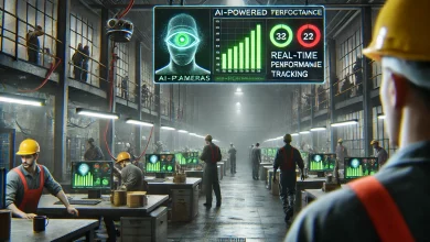 A dimly lit dystopian factory where workers are monitored by AI-powered cameras and performance tracking screens, creating a tense atmosphere.
