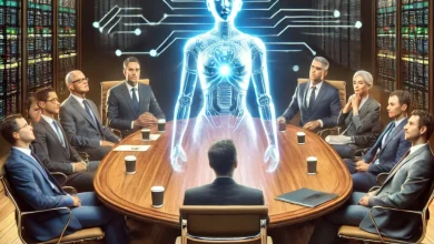 A boardroom with executives in suits seated around a large conference table, while a glowing AI figure sits at the head, appearing to control the meeting. A banner in the background reads "AI Ethics Committee," symbolizing the performative nature of corporate AI ethics panels.