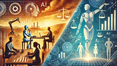 A futuristic illustration showing AI and humans working together. On one side, a robot and a human collaborate on data analysis in an office. On the other, a human figure looks toward a bright horizon, symbolizing new industries and opportunities powered by AI. The image conveys a positive, dynamic vision of technology and human energy coexisting.