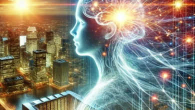 A futuristic digital rendering of an AI superintelligence expanding beyond a data center, with a glowing neural network and a high-tech cityscape in the background.