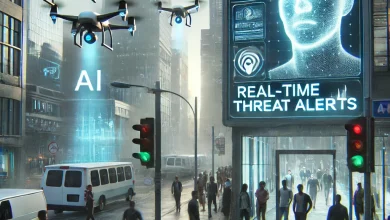 A futuristic cityscape under heavy AI surveillance, with drones patrolling the skies and facial recognition scanners on every street. A large digital screen displays real-time threat alerts, while citizens walk beneath it, some appearing wary or defiant, symbolizing the tension between security and privacy.