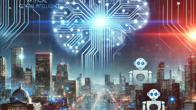 A futuristic digital landscape depicting Artificial General Intelligence (AGI) with a glowing neural network, a high-tech cityscape, and humans interacting with AI robots, symbolizing both the potential benefits and risks of AGI.