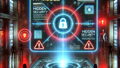 A futuristic AI interface displaying 'DeepSeek R1 Model' in bold, with a glitching holographic screen revealing security warnings and red alert symbols. The background features a dark, cyberpunk-inspired setting with neon blue and red lights reflecting off sleek metallic surfaces. A group of silhouetted figures observes the malfunctioning AI, emphasizing the theme of security vulnerabilities in AI development.