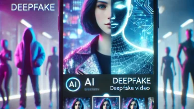 futuristic Instagram interface displaying AI-powered deepfake video creation. The screen shows a user editing their appearance in real-time, changing outfits and backgrounds with a sleek, high-tech UI. A split-screen effect highlights the original video on one side and the deepfake transformation on the other. The scene is illuminated with neon-blue and purple hues, symbolizing AI-driven innovation. In the background, blurred silhouettes of people express mixed reactions of excitement and concern, representing the ethical debate around AI-generated content.