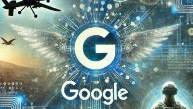 Digital artwork of Google's logo integrated with AI neural networks and military drone imagery, symbolizing the ethical challenges of military applications.