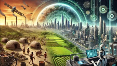 A digital landscape illustrating the evolution of human civilization, transitioning from ancient hunter-gatherer societies to AI-driven cities. The image contrasts industrial pollution with a sustainable green city, highlighting humanity’s choices for the future, with a distant planet symbolizing space colonization.