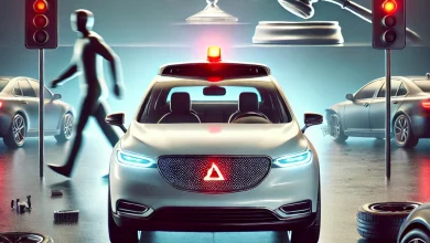 llustration of a self-driving car crash with a courtroom gavel, representing AI accountability debates.