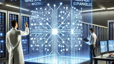 A high-tech research lab where AI engineers analyze a glowing neural network model on holographic screens, focusing on AI interpretability. Data visualizations and algorithm pathways float in the air, highlighting transparency and decision-making processes in AI systems.