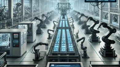A highly realistic digital rendering of an advanced AI-powered factory in China, operating entirely without human workers. Robotic arms assemble smartphones with high precision while an AI-powered control center monitors production through holographic displays. Cool industrial lighting highlights the seamless automation of this 'dark factory.'