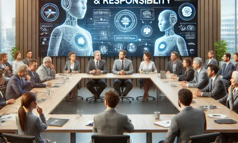 A thought-provoking illustration of AI and ethics, featuring a roundtable discussion where human experts and an AI assistant engage in a debate about responsible AI development.