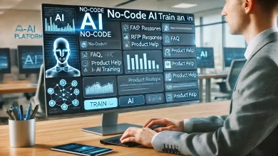 A business professional using a no-code AI platform to train an AI model. The screen displays an interface where FAQs, RFP responses, and product help files are being uploaded for AI training. The environment is modern and business-focused, with a sleek AI dashboard showcasing machine learning in action.