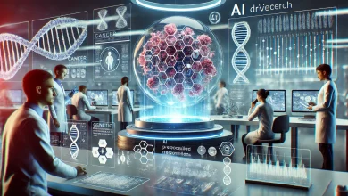 A futuristic AI-driven cancer research lab with scientists analyzing genetic data on holographic screens. The AI system processes molecular data to provide personalized treatment options.