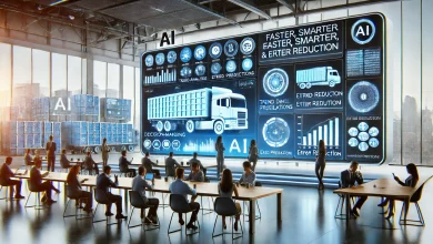 A futuristic AI-driven decision-making hub where professionals analyze real-time data, trend predictions, and error reduction metrics. A large interactive screen displays AI-powered insights, enabling faster, smarter, and more accurate decisions across industries like logistics, healthcare, and finance. The sleek, modern environment highlights AI's role in optimizing workflows.
