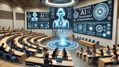 A futuristic AI-powered university lecture hall where students interact with holographic AI tutors. Large digital screens display personalized course recommendations, virtual teaching assistants answer questions, and predictive analytics highlight student progress.