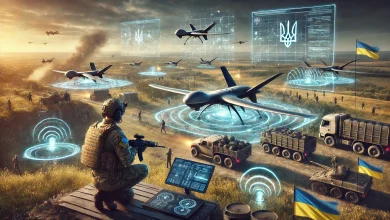 A futuristic battlefield scene featuring AI-enhanced drones in action over Ukraine. The drones navigate war-torn terrain, targeting enemy tanks and supply lines with precision. A Ukrainian soldier monitors a high-tech control screen, while AI software adjusts their paths in real-time. In the background, electronic warfare jamming signals attempt to interfere but fail against the smart drones.