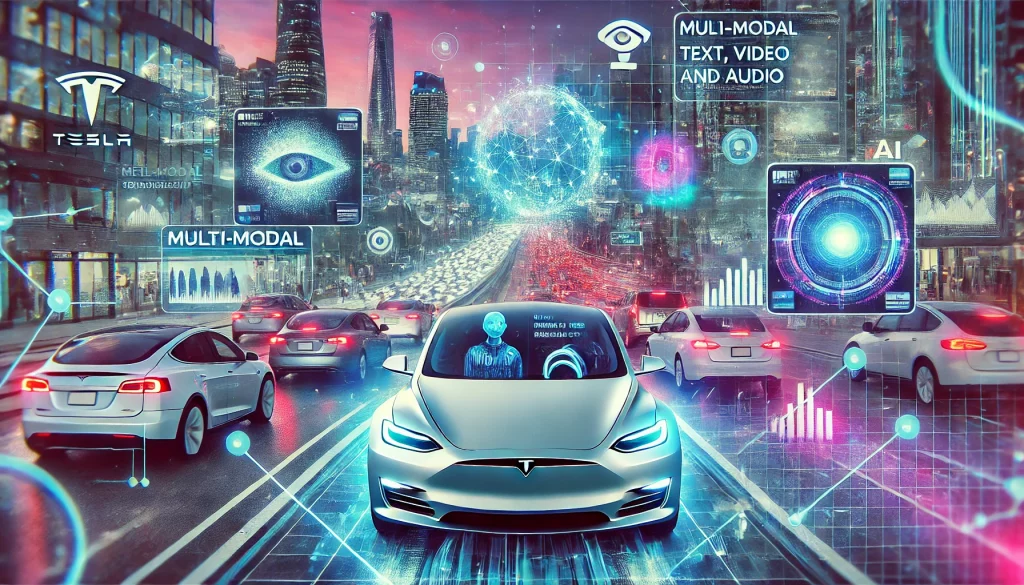 A futuristic cityscape featuring a self-driving Tesla navigating traffic, with real-time data on its dashboard and a holographic billboard displaying AI analyzing text, video, and audio, set against a neon skyline.