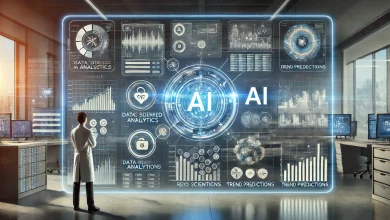A futuristic data analysis hub displaying AI's power in processing and interpreting vast amounts of information. A sleek digital interface highlights key AI-driven analytics, including charts, graphs, and trend predictions. A data scientist observes the insights, showcasing AI's efficiency. The background integrates elements from finance, healthcare, and business analytics, emphasizing AI’s broad impact.