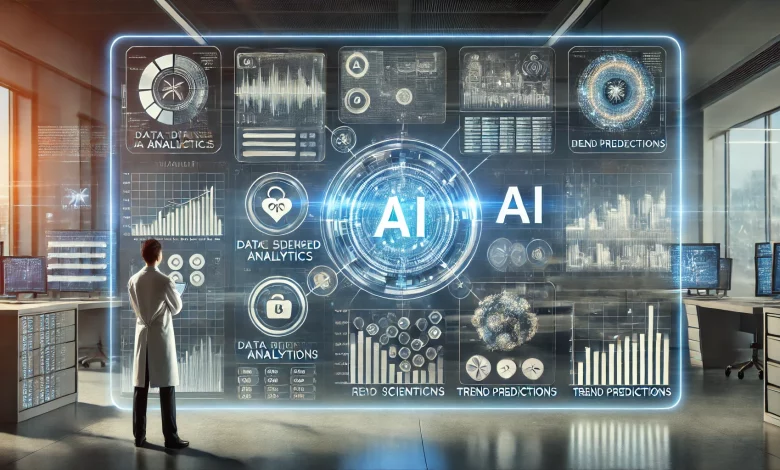 A futuristic data analysis hub displaying AI's power in processing and interpreting vast amounts of information. A sleek digital interface highlights key AI-driven analytics, including charts, graphs, and trend predictions. A data scientist observes the insights, showcasing AI's efficiency. The background integrates elements from finance, healthcare, and business analytics, emphasizing AI’s broad impact.