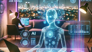 A futuristic freelance workspace with a young professional using AI-powered tools on a sleek laptop, surrounded by holographic screens displaying job listings, invoicing software, and AI-generated content. The setting blends a cozy home office with a digital city skyline, symbolizing remote work freedom, illuminated by soft neon lighting in blue and purple hues.