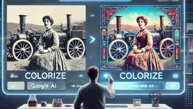 A futuristic tutorial interface showing a split-screen of a black-and-white photo being colorized by Google's Gemini 2.0 Flash AI, with a smiling user interacting via text prompts.