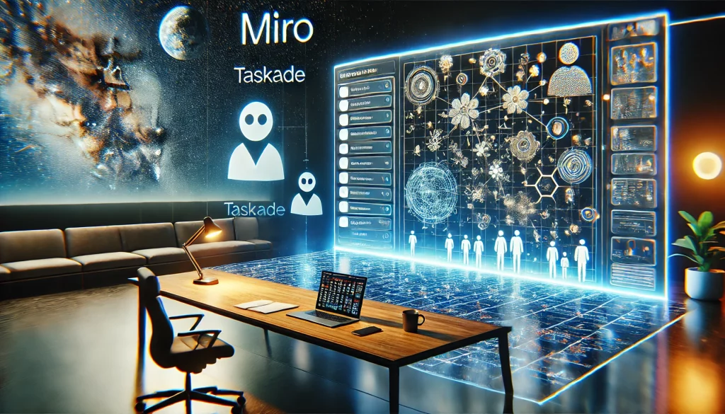  futuristic workspace with a hovering interactive whiteboard for Miro, AI-organized sticky notes, a Taskade holographic task list, and a Webex video call, set against a starry night sky.
