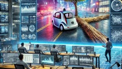 A Silicon Valley lab setting with engineers tweaking a generative AI simulation on large screens, displaying a synthetic video of a car swerving around a fallen tree, with vibrant colors and a mix of real and digital elements.