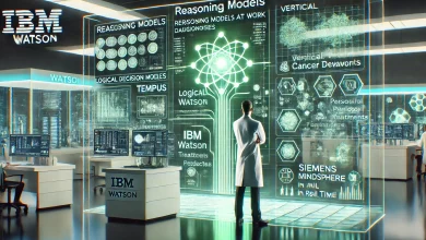A high-tech lab with a scientist consulting an IBM Watson interface, showing decision trees for medical diagnoses, alongside Tempus and Siemens MindSphere screens predicting treatments and maintenance.