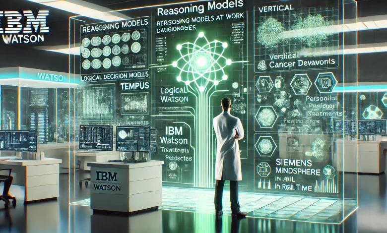 A high-tech lab with a scientist consulting an IBM Watson interface, showing decision trees for medical diagnoses, alongside Tempus and Siemens MindSphere screens predicting treatments and maintenance.