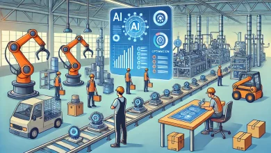 A high-tech manufacturing facility integrating AI-driven operations. Traditional assembly lines with workers in hard hats operate alongside robotic arms and AI-powered monitoring systems. A digital control panel displays real-time analytics and optimization insights.