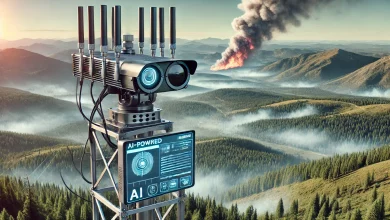 An AI-powered wildfire detection system with cameras on a tall tower scanning a vast forest. The system identifies smoke in the distance and highlights it on a digital screen.