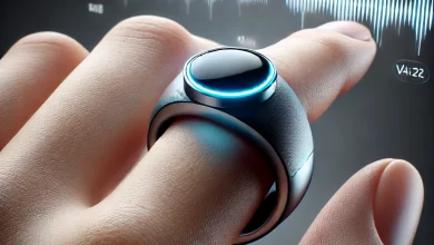 A highly realistic close-up of a futuristic AI-powered 3D-printed ring securely fitted on a person's finger, glowing softly with blue light. Translucent sound waves ripple in the background, blending with a stylized ASL hand sign, while a smartphone screen faintly displays real-time translated text.