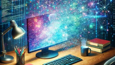 A highly realistic holographic display projecting a traditional programmer’s desk with a flickering monitor, scattered codebooks, and a half-empty coffee mug dissolving into digital pixels. Glowing AI symbols like neural networks and a rising data graph hover in the background, casting a futuristic blue-green light, symbolizing the transition from human coding to AI-driven programming.