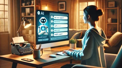 A person using a computer at home with an AI-powered chatbot on the screen. The chatbot interface displays a conversation with helpful responses. The setting is cozy and modern, highlighting how AI enhances customer support from the comfort of home.