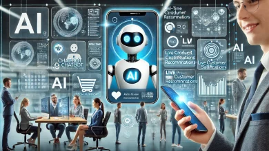 A futuristic customer experience hub displaying AI-driven interactions, including real-time chatbot conversations, AI-powered product recommendations, and live customer satisfaction metrics. A happy customer engages with an AI assistant on their device, while a support team monitors AI-driven analytics in the background, highlighting AI’s impact across retail, banking, and tech support.
