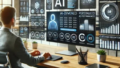 A contemporary digital marketing office where a marketer works at a desk using an AI-powered analytics dashboard. The screen displays data insights, ad performance metrics, and customer segmentation. The office has natural lighting, a minimalistic design, and a professional yet technology-driven atmosphere.