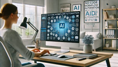 A modern home office where a person is using an AI-powered automation tool on a computer. The screen displays a no-code workflow automation interface, connecting various apps for task automation such as emails, scheduling, and data entry. The workspace is sleek and tech-friendly, creating a productive atmosphere.