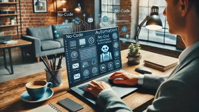 A modern small business workspace where an entrepreneur is using an AI-powered automation tool on a laptop. The screen displays a no-code workflow automating tasks like emails, customer responses, and social media scheduling. The environment is cozy yet productive, blending technology with a warm workspace setting.
