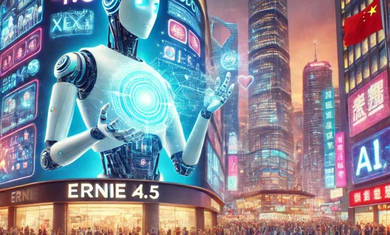 a bustling tech hub in China, featuring a glowing ERNIE 4.5 logo projecting holographic text, images, and memes. People engage with AI-powered apps on smartphones, while a sleek ERNIE X1 robot analyzes data on an interactive screen, set against a neon-lit cityscape.