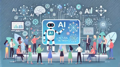 A friendly AI robot interacts with a diverse group of people, explaining AI concepts on a large digital screen. The modern high-tech environment features cool blue and neutral tones, displaying neural networks, data flow, and simple AI applications like chatbots and recommendations.