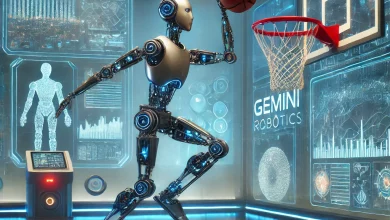 A sleek, two-armed robot in a high-tech laboratory dunking a miniature basketball into a net, surrounded by glowing holographic screens displaying Gemini Robotics data, with a futuristic cityscape visible through a large window.